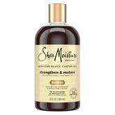 SheaMoisture champú con aceite de ricino negro jamaicano, botella frontal, limpieza suave para cabello dañado.