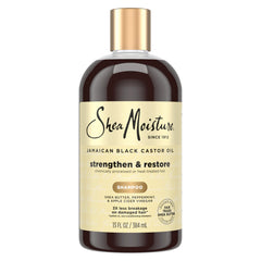 SheaMoisture champú con aceite de ricino negro jamaicano, botella frontal, limpieza suave para cabello dañado.