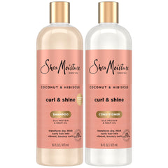 Sheamoisture Coconut and Hibiscus shampoo bottle highlights frizz control for curly hair