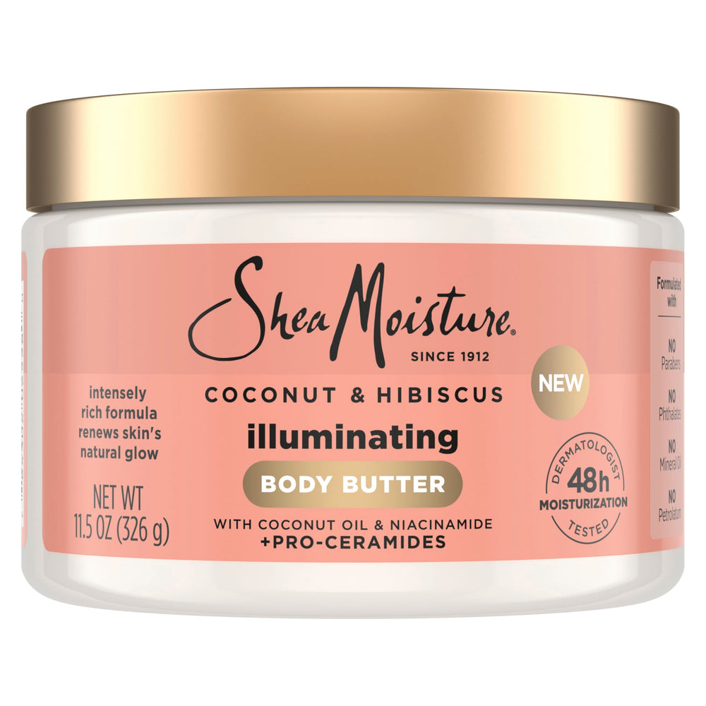SheaMoisture Illuminating Butter bottle pour for seamless application and radiant skin.