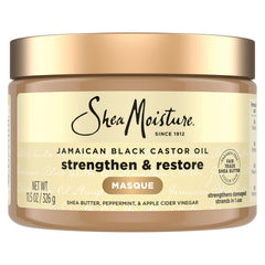 SheaMoisture mascarilla con aceite de ricino jamaicano, botella mostrando textura cremosa y ángulo de producto, beneficio de hidratación