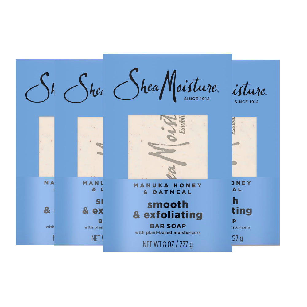Packaging of SheaMoisture Manuka Honey Oatmeal bar soap shows four bars for home use.