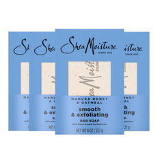 Packaging of SheaMoisture Manuka Honey Oatmeal bar soap shows four bars for home use.