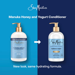 Ingredients panel on SheaMoisture Hydrate & Repair Conditioner highlights Manuka honey and yogurt.