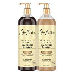 Sheamoisture Strengthen & Restore Shampoo bottle hydrates dry hair.
