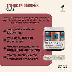 Texture-focused application demonstrates thick consistency and easy distribution for Shear Revival American Gardens Clay Pomade