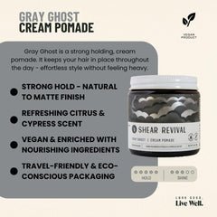 Hands applying Gray Ghost Pomade for versatile styling and easy distribution.