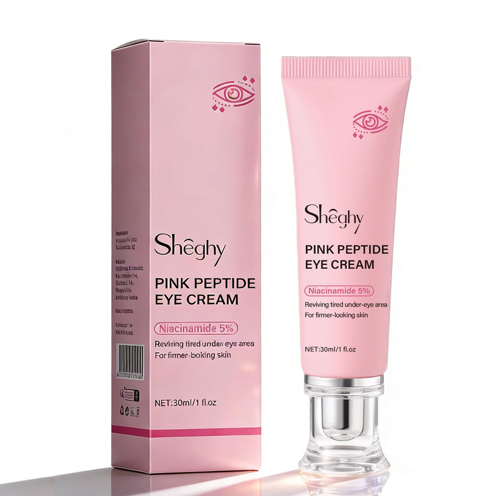 Sheghy PDRN Pink Peptide Eye Serum Bottle close-up showing smooth texture for daytime use.