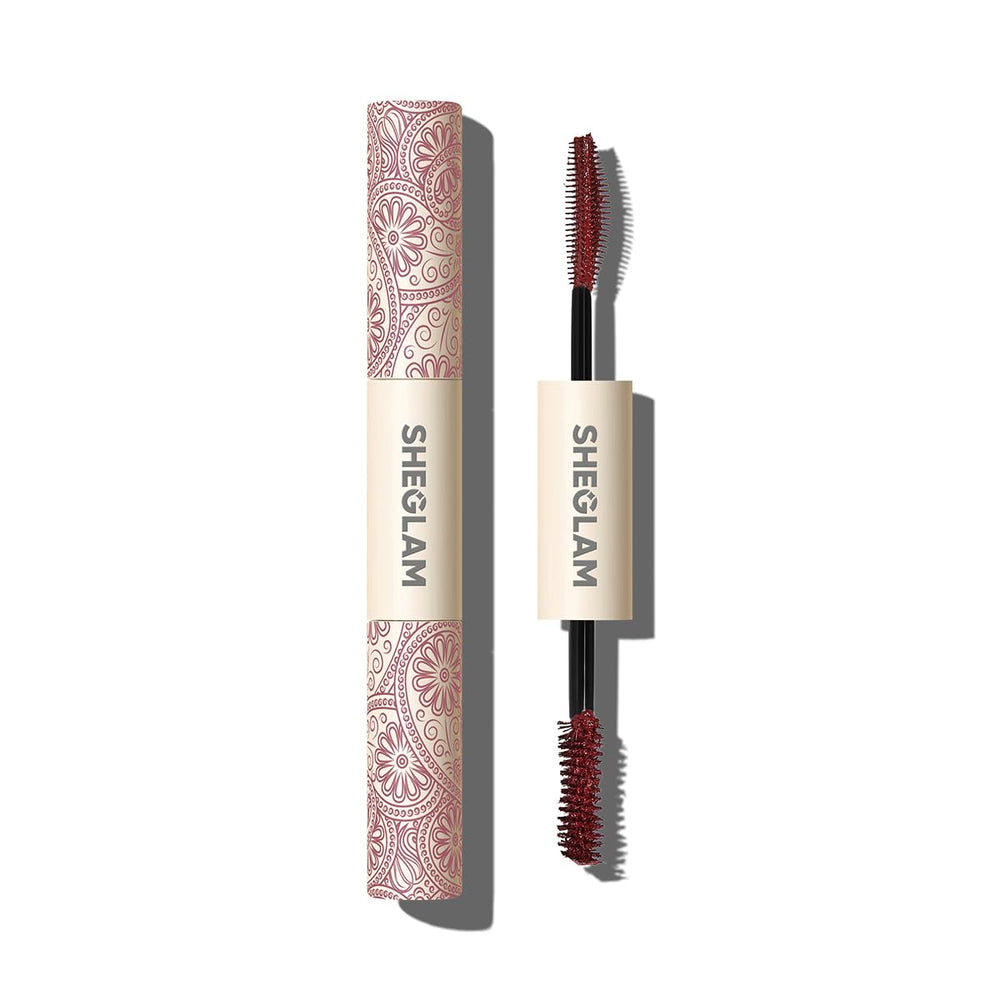 SHEGLAM All-In-One mascara application close-up showing burgundy shade for bold color payoff.
