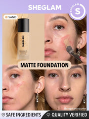 SHEGLAM base tono Sand, muestra de color para un ajuste natural.