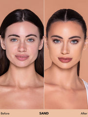 SHEGLAM base textura líquida ligera, difuminado suave en la piel.