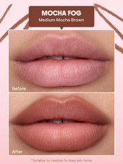 SHEGLAM Cloudline Blur Lip Liner Mocha Fog swatches on skin show long-lasting shade.