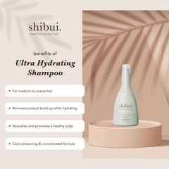 SHIBUI Ultra Hydrating Shampoo bottle back label highlights vegan, sulfate-free formula.