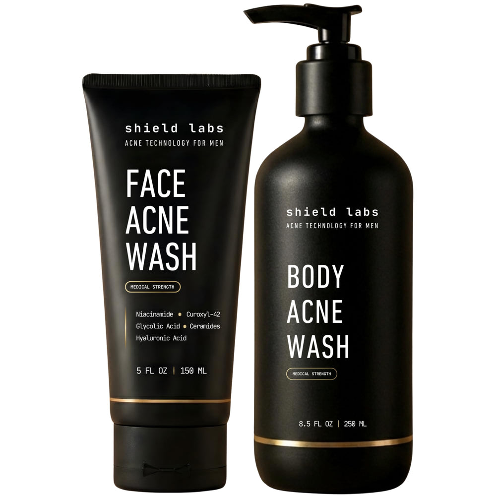 Shield Acne Wash Bundle face wash bottle shows deep cleansing action for clearer skin.