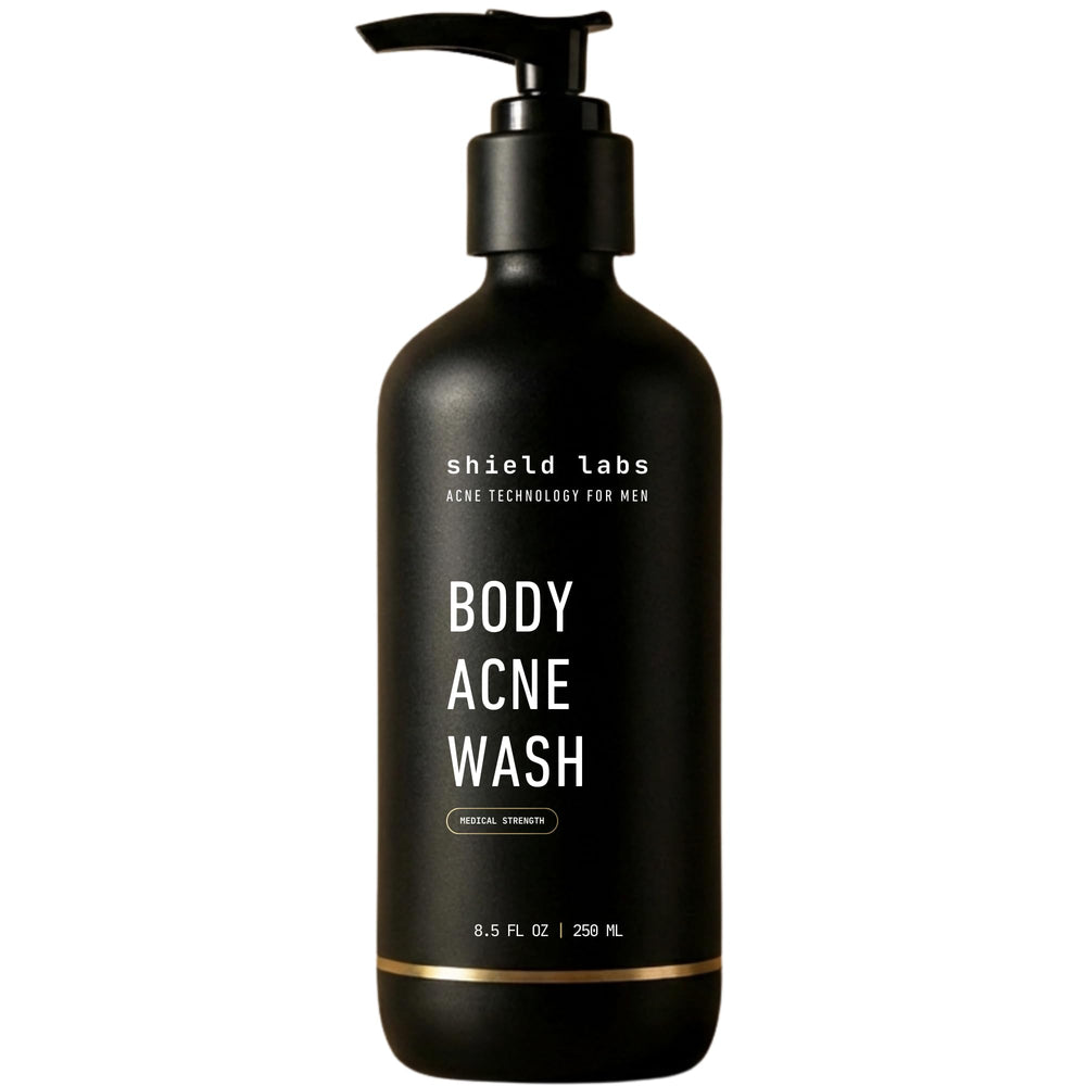 Shield body wash back close-up shows pore-focused cleanse for back skin.