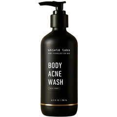 Shield body wash back close-up shows pore-focused cleanse for back skin.