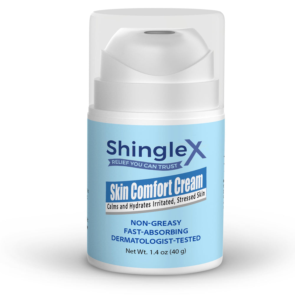 ShingleX moisturizing skin cream application shows smooth, quick-absorbing hydration for sensitive skin.