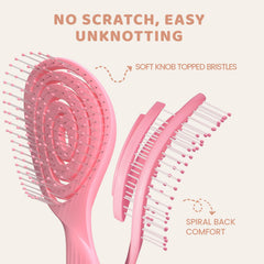 SHINLEA Detangle Hair Brush pink close-up shows soft nylon bristles gliding through hair