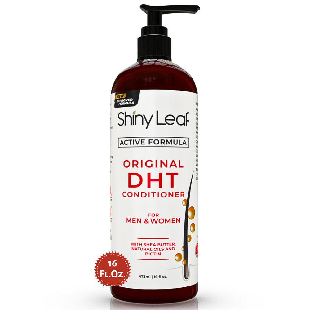 Shiny Leaf DHT Blocker Condicionador, vista frontal de la botella, hidrata y suaviza el cabello.