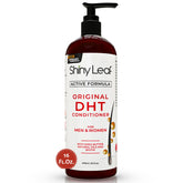 Shiny Leaf DHT Blocker Condicionador, vista frontal de la botella, hidrata y suaviza el cabello.