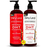 Shiny Leaf DHT Blocker Shampoo bottle pour showing daily scalp care benefits
