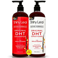 Shiny Leaf DHT Blocker Shampoo bottle pour showing daily scalp care benefits