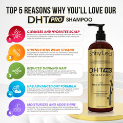Shiny Leaf DHT Pro Shampoo bottle-back lists Procapil and Capixyl as key actives
