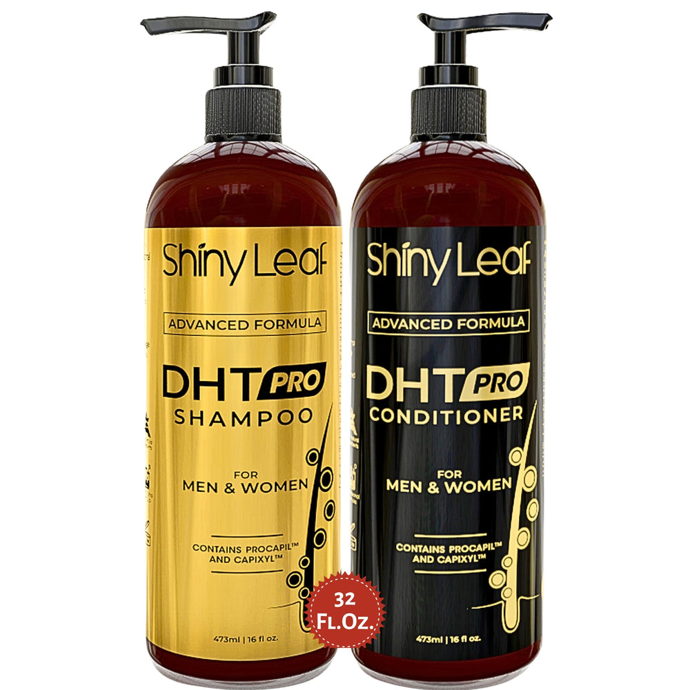 Shiny Leaf DHT Pro Shampoo bottle pouring for daily cleansing and DHT-friendly care.