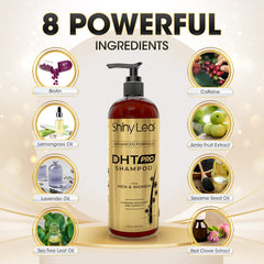 Shiny Leaf DHT Pro Shampoo ingredients-compact shows natural extracts and essential oils for daily nourishment