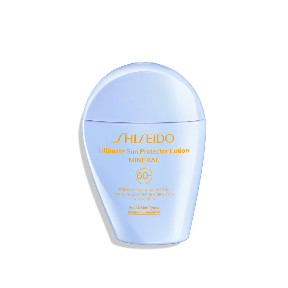Shiseido Ultimate Sun Protector Lotion Mineral SPF 60+ front bottle, fragrance-free protection for all skin types.