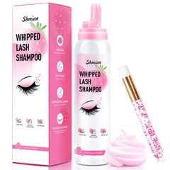 Shmian whipped lash shampoo bottle with rich foam for quick cleansing.