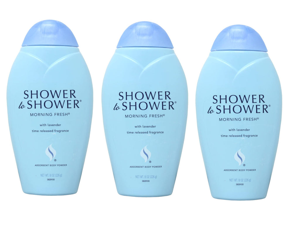 Shower To Shower Morning Fresh Body Powder 8oz 3pack on display for daily freshness.