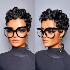 Showreal Pixie Cut Wig side view, layered texture for versatile styling.