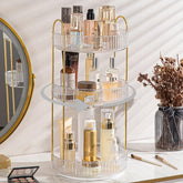 Shuang Qing rotating makeup organizer on vanity with 360-degree access.
