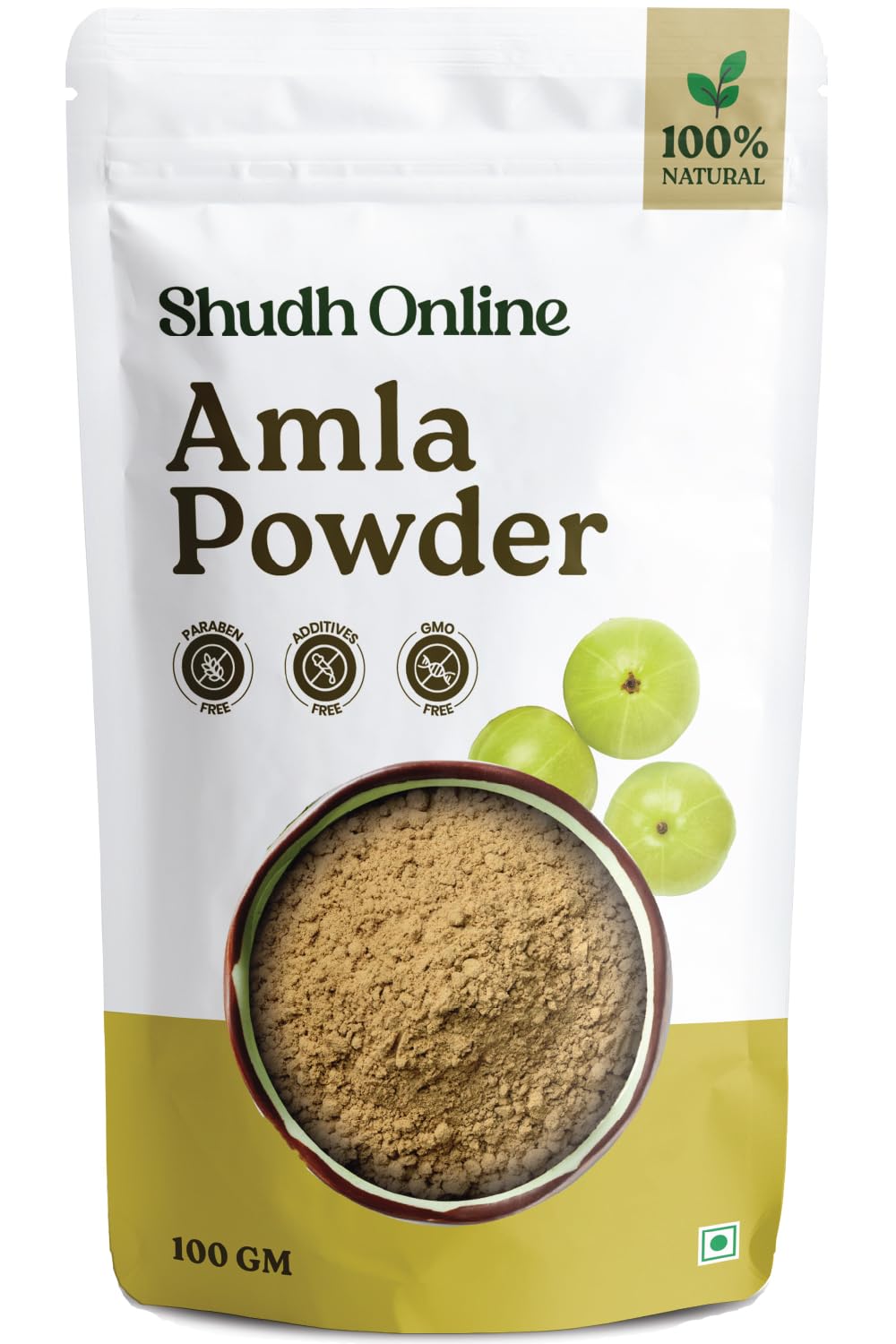 Polvo de amla Shudh Online en frasco, ideal para ritual de cuidado capilar.