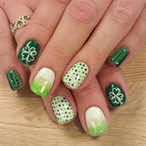 SHUXILIN St Patrick's Day press-on nails in square green glitter shamrocks for quick at-home manicure.