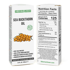 Envase de aceite espino marítimo Siberian Green sin refinar listo para uso crudo.