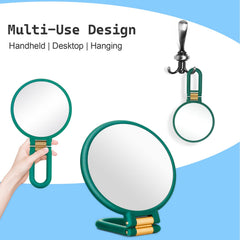 Sifolo mirror with adjustable handle for handheld, tabletop, or hanging use.