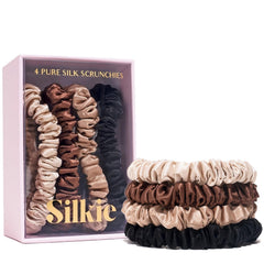 Silkie x4 set chocolate scrunchies close-up, silky texture for smooth hair glide
