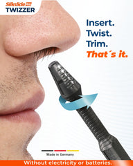 Silkslide TWIZZER blade-protection head ensures safe trimming on all nose sizes.