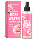 SilkySecret Agua de Rosas Orgánica: botella para uso diario en rostro con hidratación suave.