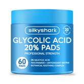 SilkyShark Glycolic Pads pack close-up showing exfoliation benefits