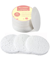 SILUKER 50-count compressed facial sponge pack for daily cleansing and exfoliation
