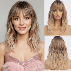 Simkaylee wavy long ombre blonde wig with bangs for daily wear and events.