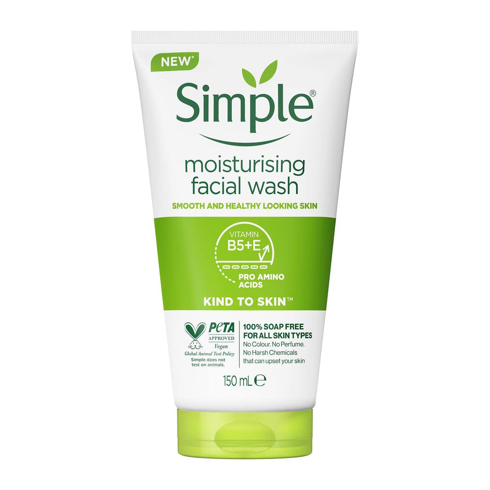 Simple Kind to Skin limpiador facial en tubo de 150 ml para piel sensible.