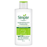 Simple Replenishing Rich Moisturiser bottle on a clean vanity for daily hydration.