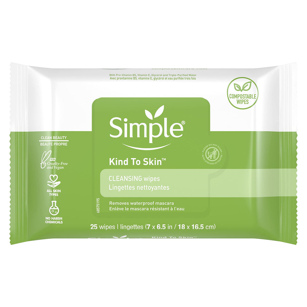 Toallitas faciales Simple desmaquillantes eliminan maquillaje con suavidad.