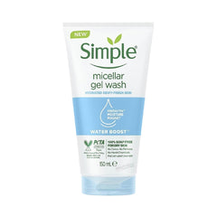 Simple Water Boost Micellar Wash close-up showing gentle cleansing with bubbles.