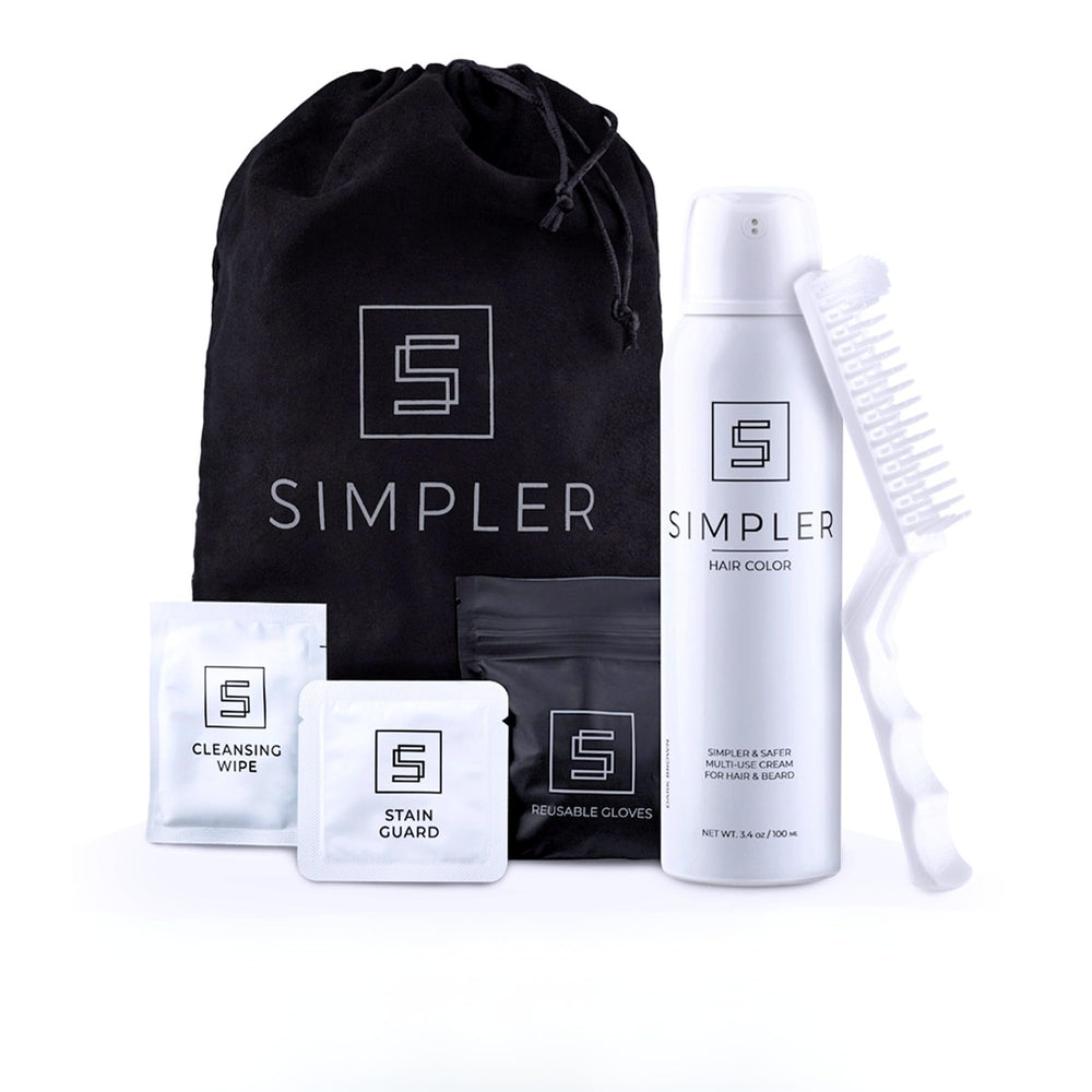 Simpler Hair Color Kit application bottle demonstrates easy gray coverage for hair and beard.