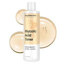Simplified Skin Tónico glicólico 8% en botella para rostro, promueve un brillo saludable.